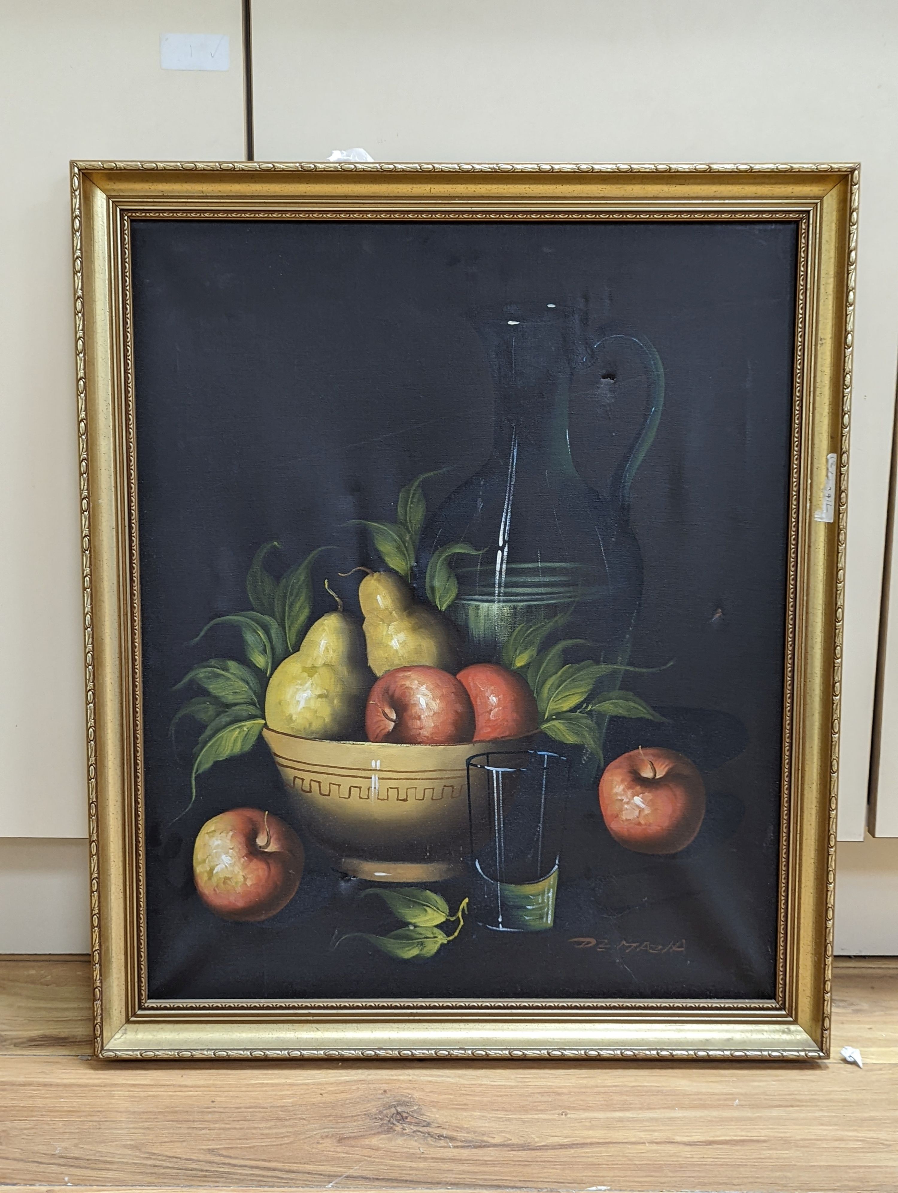 De Mazia, oil on canvas, Still life of fruit and glassware, signed, 60 x 50cm